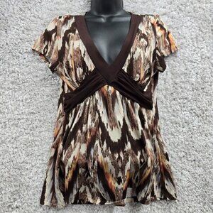 Babydoll Blouse Womens Large Brown Patterned V-Neck Empire Top
